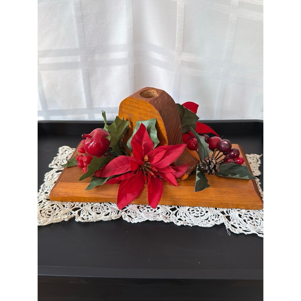 Vintage Handmade Wooden Bell Shaped Candlestick Holder Featuring Faux Greenery